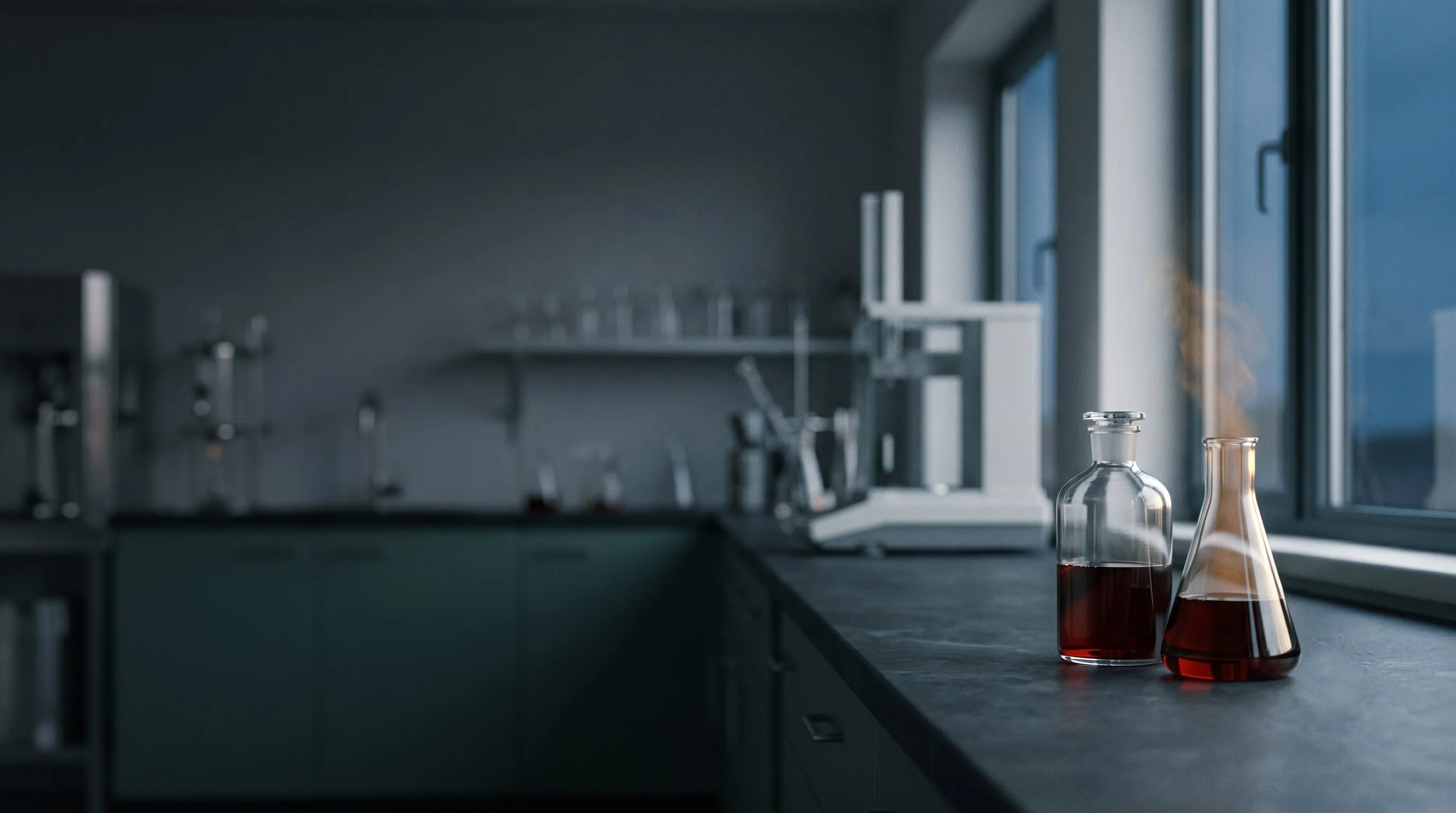Laboratory bench with flasks of red-brown liquid